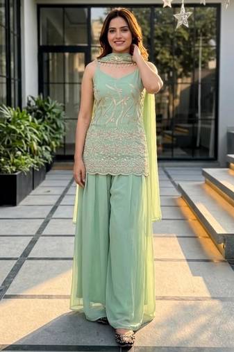 Green faux georgette embroidered palazzo set