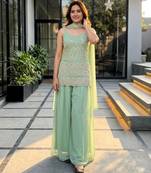 Green faux georgette embroidered palazzo set