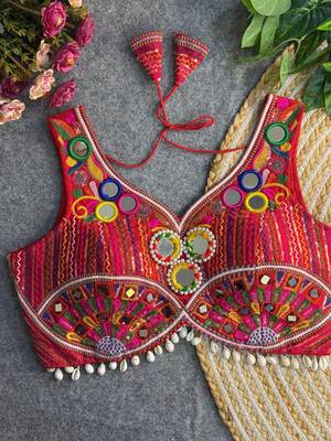 Red navratri multi mirror work apple cut blouse 1
