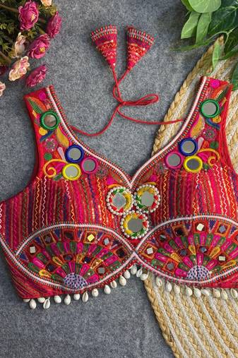Red navratri multi mirror work apple cut blouse