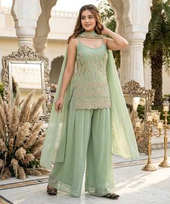 Green faux georgette embroidered palazzo set 2