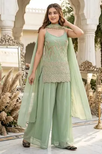 Green faux georgette embroidered palazzo set
