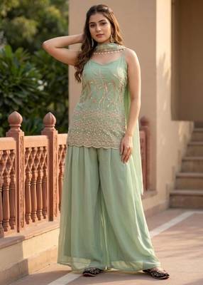 Green faux georgette embroidered palazzo set 3