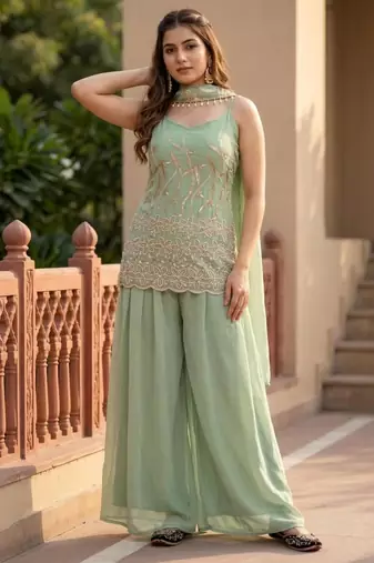 Green faux georgette embroidered palazzo set