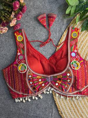 Red navratri multi mirror work apple cut blouse 2