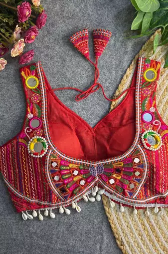 Red navratri multi mirror work apple cut blouse