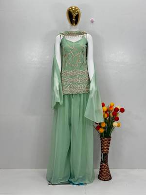 Green faux georgette embroidered palazzo set 4