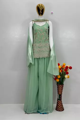 Green faux georgette embroidered palazzo set