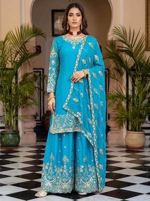 Blue silk blend embroidered sharara set 1