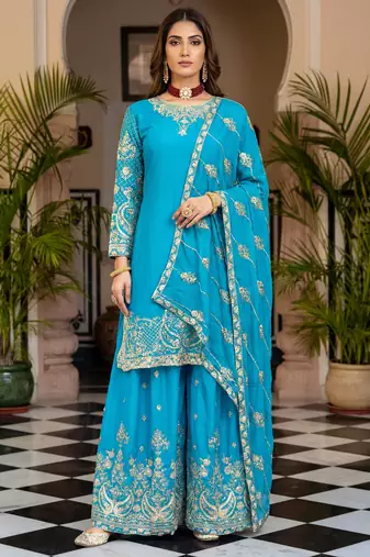 Blue silk blend embroidered sharara set