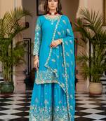 Blue silk blend embroidered sharara set