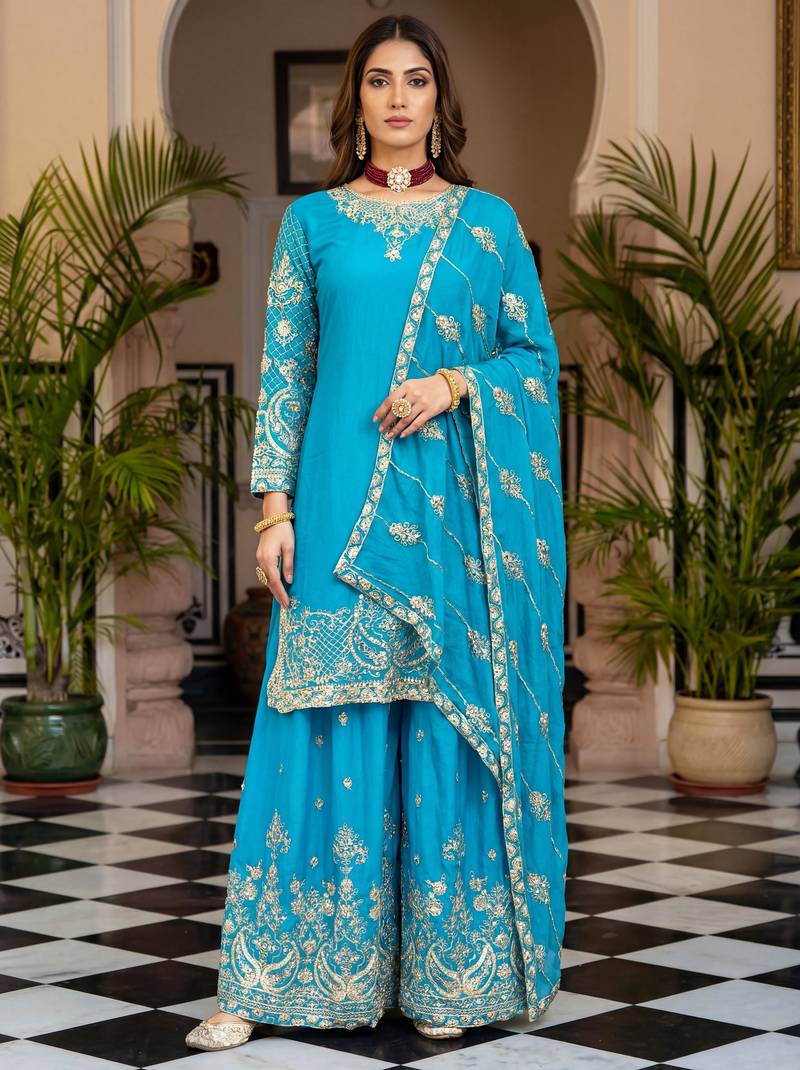 Blue silk blend embroidered sharara set