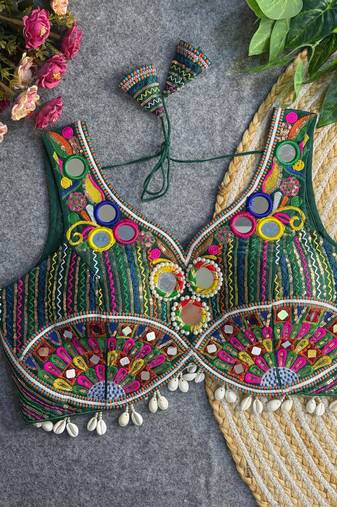 Green navratri multi mirror work apple cut blouse