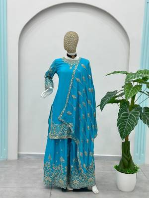 Blue silk blend embroidered sharara set 2