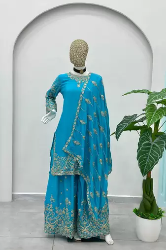 Blue silk blend embroidered sharara set
