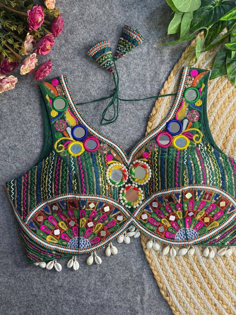 Green navratri multi mirror work apple cut blouse