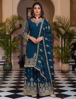Teal-blue silk blend embroidered sharara set 1
