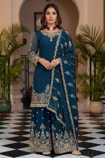 Teal-blue silk blend embroidered sharara set