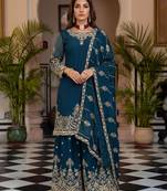 Teal-blue silk blend embroidered sharara set