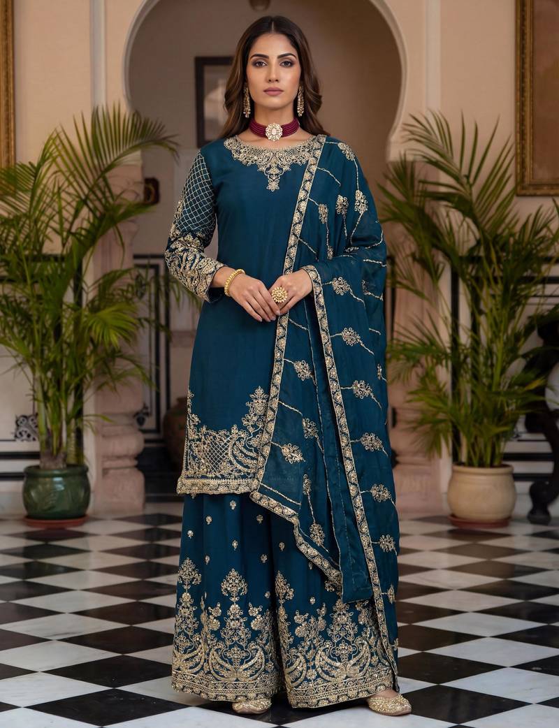 Teal-blue silk blend embroidered sharara set