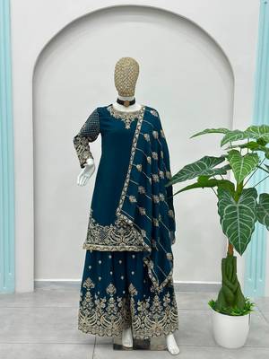 Teal-blue silk blend embroidered sharara set 2