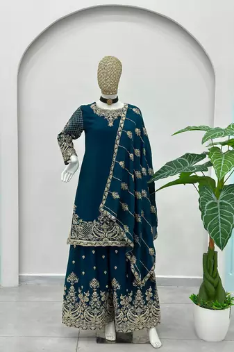 Teal-blue silk blend embroidered sharara set