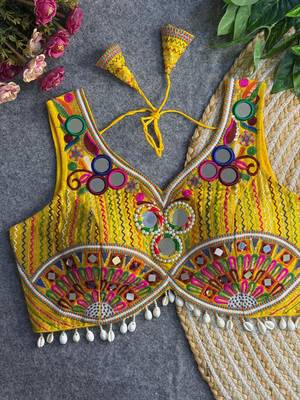 Yellow navratri multi mirror work apple cut blouse 1