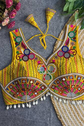 Yellow navratri multi mirror work apple cut blouse