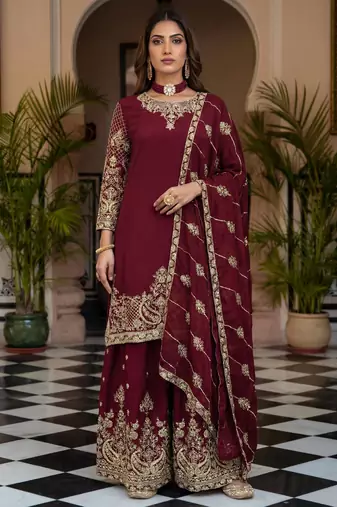 Maroon silk blend embroidered sharara set