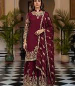 Maroon silk blend embroidered sharara set