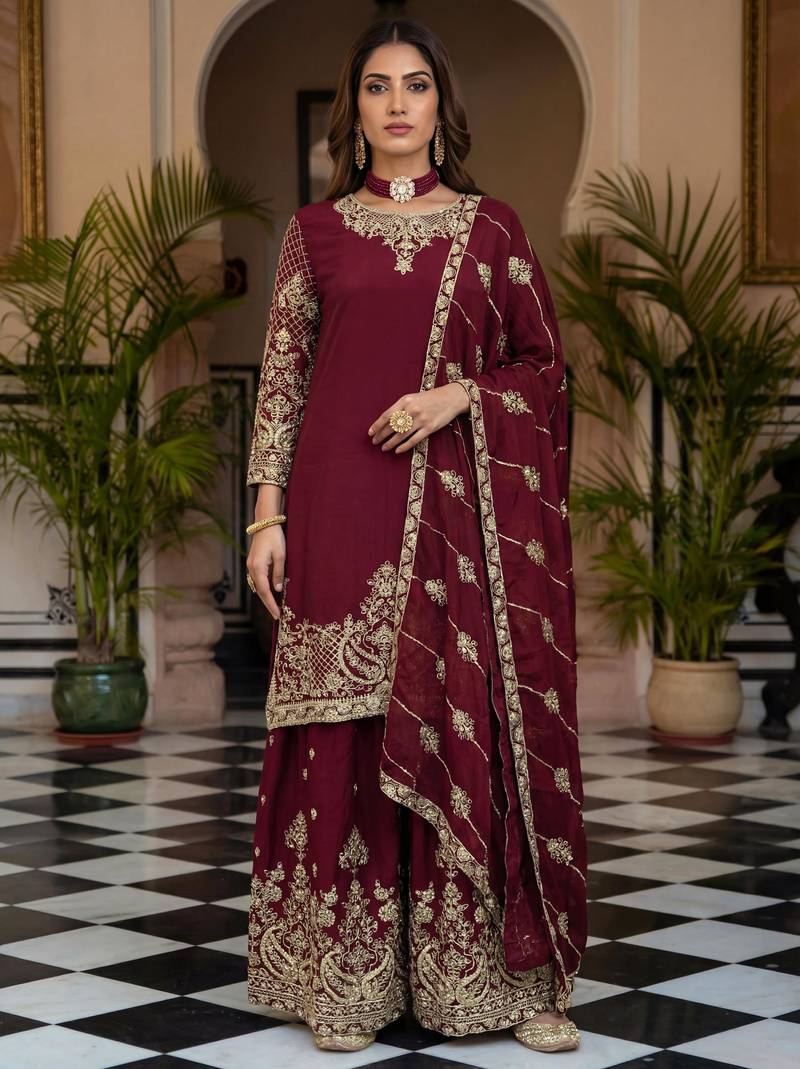 Maroon silk blend embroidered sharara set