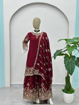 Maroon silk blend embroidered sharara set 2