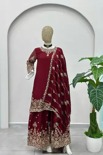 Maroon silk blend embroidered sharara set
