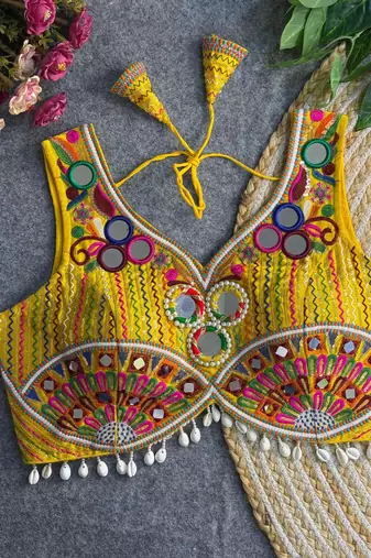 Yellow navratri multi mirror work apple cut blouse