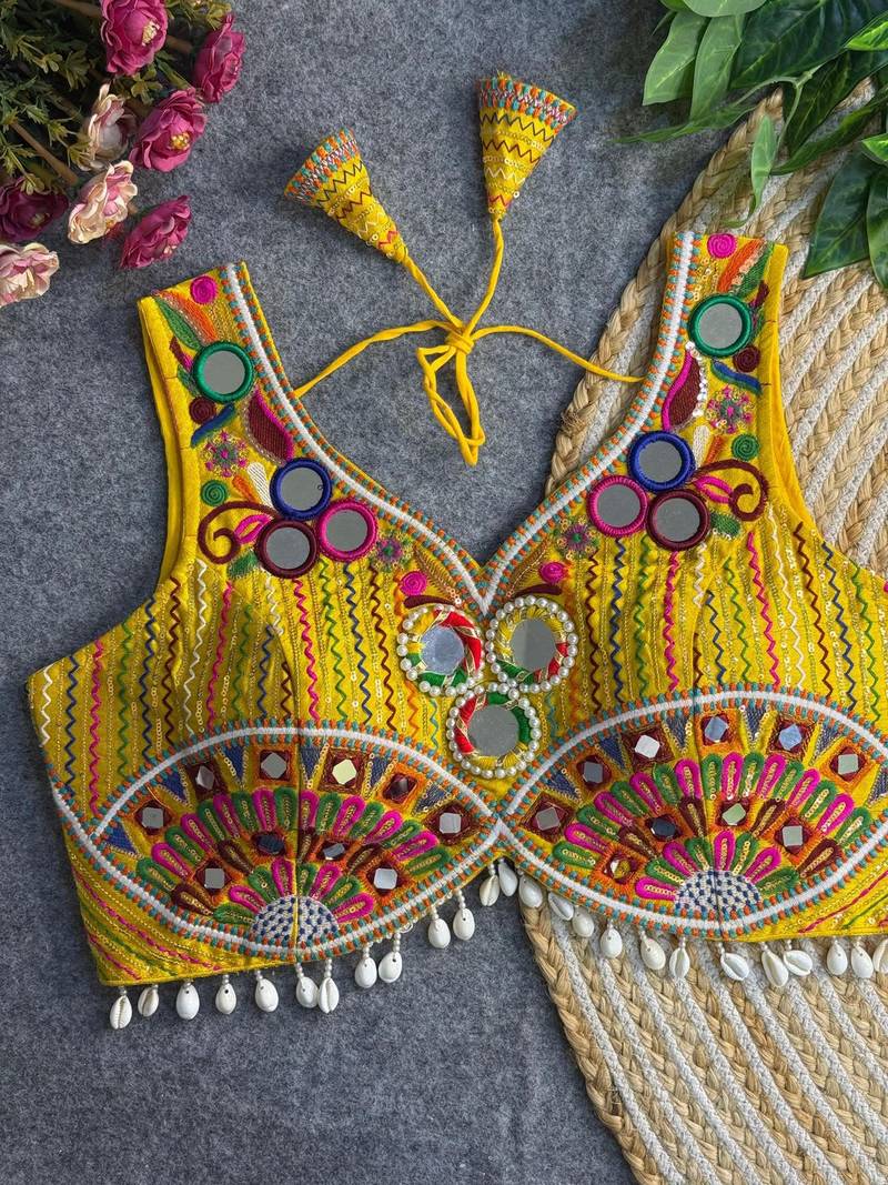Yellow navratri multi mirror work apple cut blouse