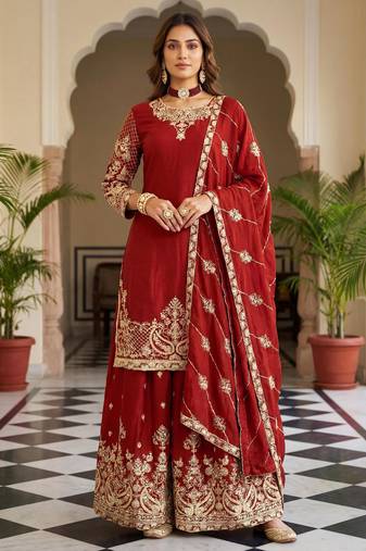 Red silk blend embroidered sharara set