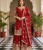 Red silk blend embroidered sharara set