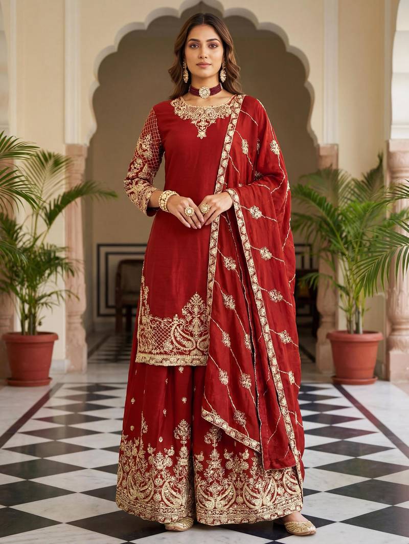 Red silk blend embroidered sharara set