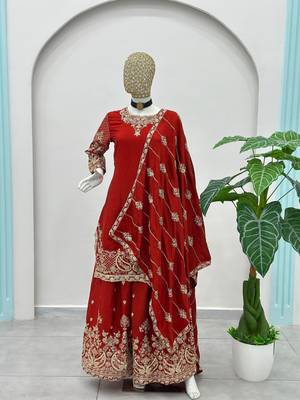 Red silk blend embroidered sharara set 2