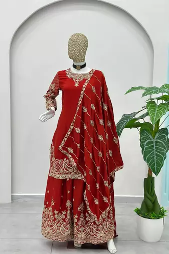 Red silk blend embroidered sharara set