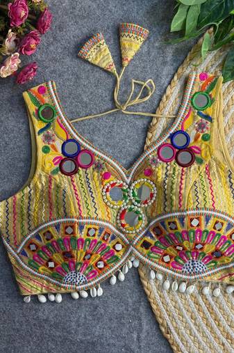 Beige navratri multi mirror work apple cut blouse