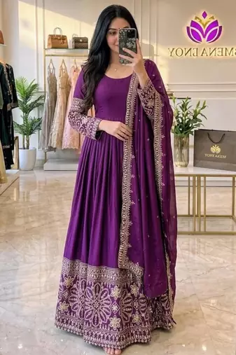 Red silk blend embroidered flared gown set