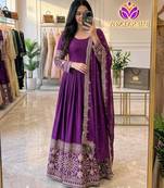 Red silk blend embroidered flared gown set