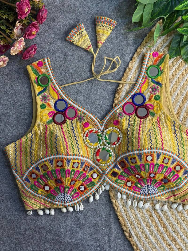 Beige navratri multi mirror work apple cut blouse