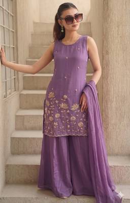 Women's Beautiful Embroidery Work French Crepe Fabric Straight Kurta Sharara and Dupatta Set 1