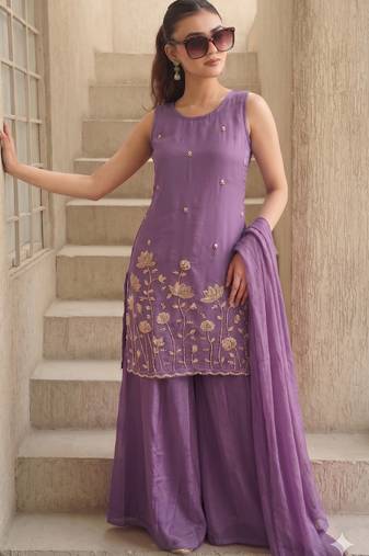 Women's Beautiful Embroidery Work French Crepe Fabric Straight Kurta Sharara and Dupatta Set