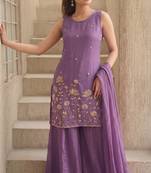 Women's Beautiful Embroidery Work French Crepe Fabric Straight Kurta Sharara and Dupatta Set