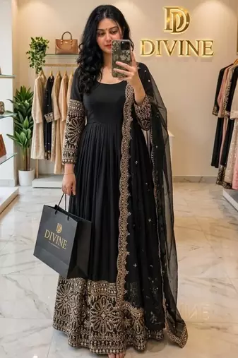 Black silk blend embroidered flared gown set