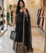 Black silk blend embroidered flared gown set