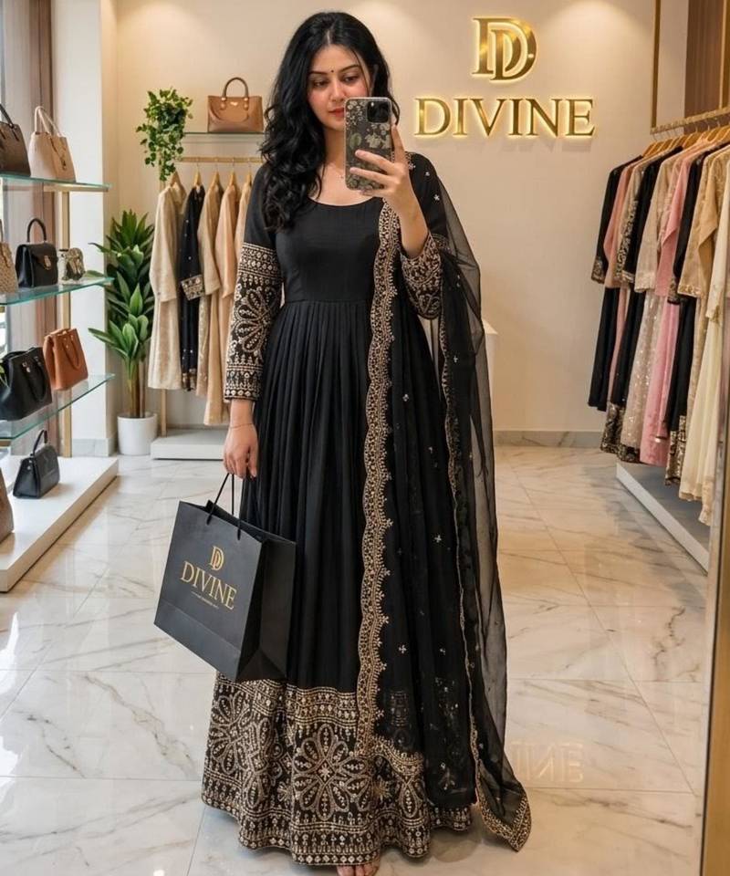 Black silk blend embroidered flared gown set
